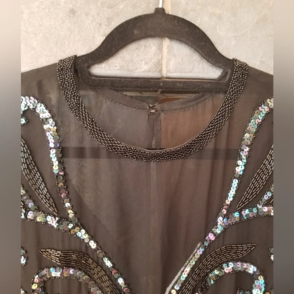 AJ Bari Beaded Silk Formal Dress With Illusion Neck and Long Sleeves Midi Length